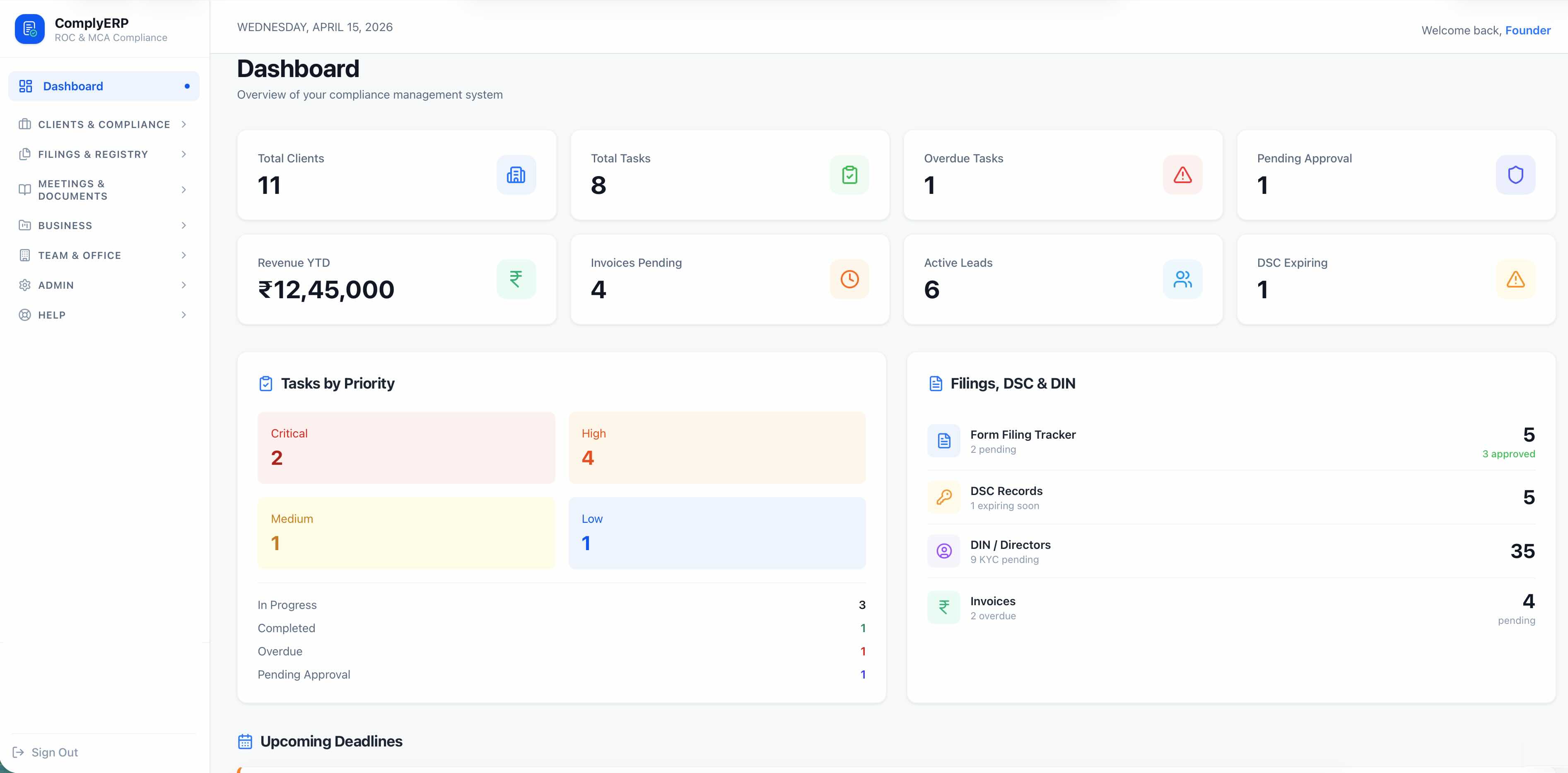 ComplyERP dashboard showing compliance calendar, tasks, and filings for a CS practice